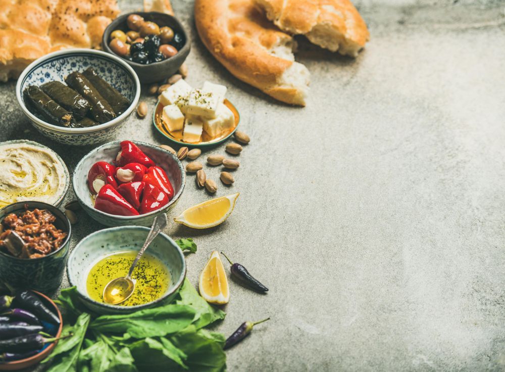 Mediterranean, Middle Eastern meze starter platter with copy space