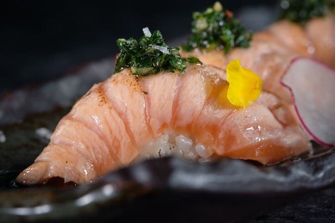 Plate with delicious nigiri sushi on plate