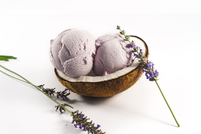 Coconut shell with purple lavender ice cream and flowers
