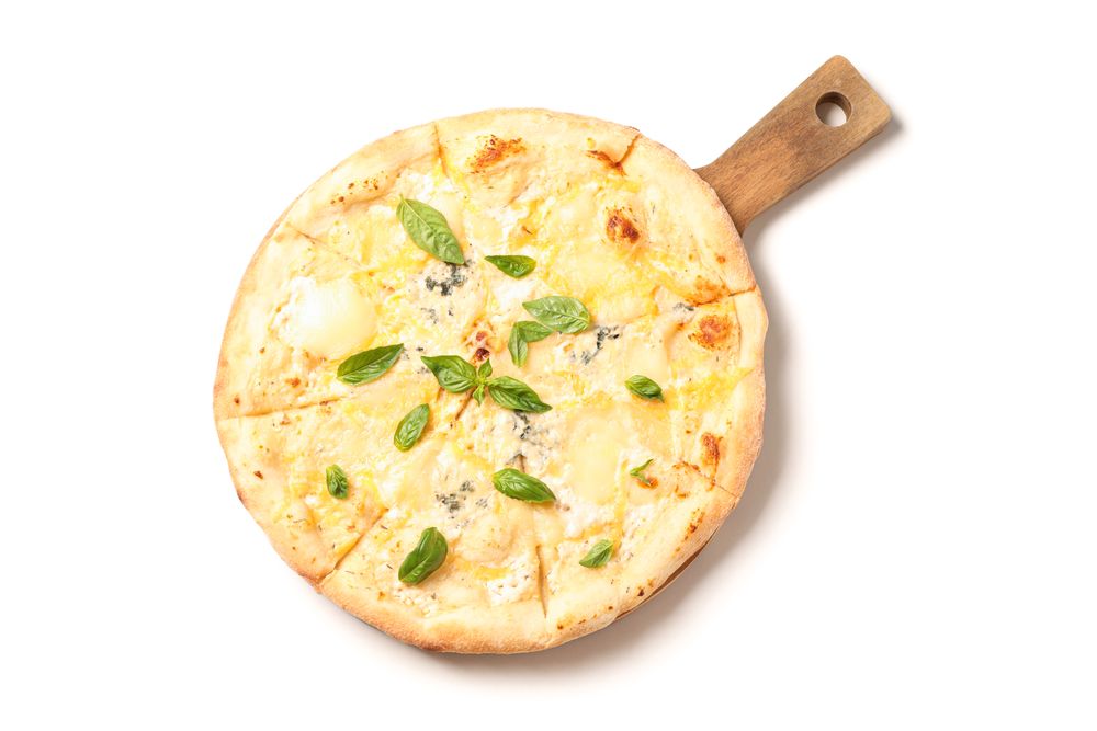 Cutting board with cheese pizza isolated on blank background