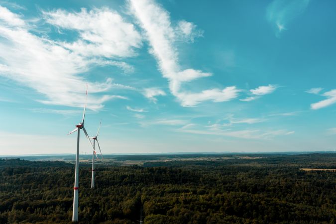 Aerial view with wind turbine in the middle of the forest, in Baden Wurttemberg region, Germany