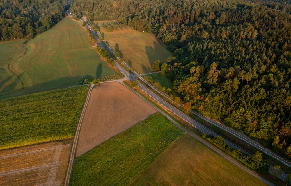 Morning scenery, aerial view, with road passing between forest and agricultural fields