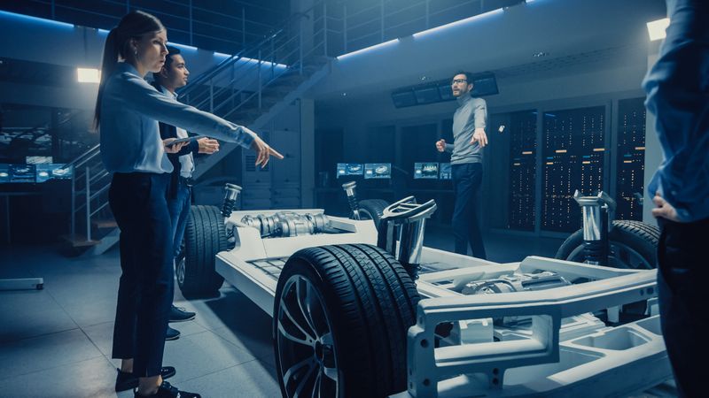Team of Automotive Engineers Discussing and Designing Electric Car Platform Chassis Prototype,