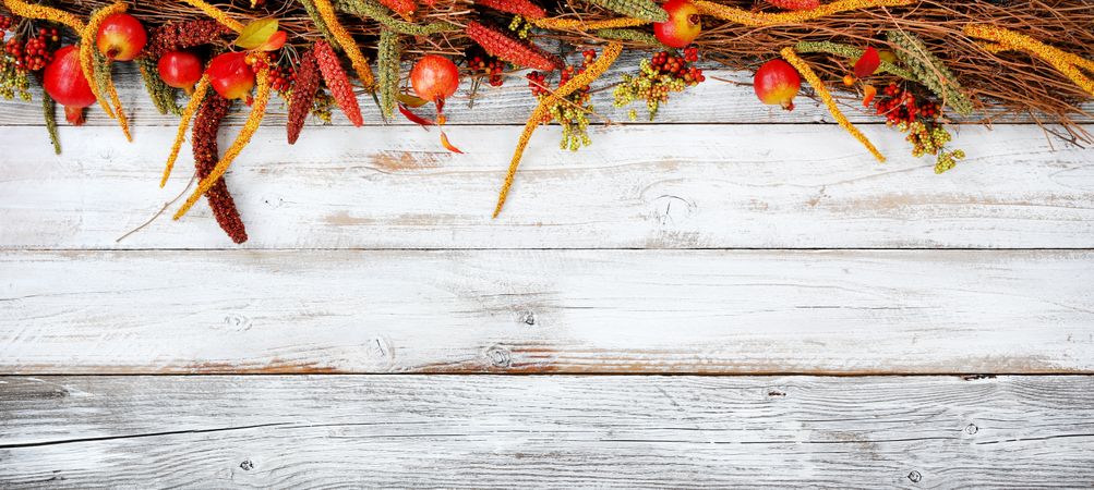 Thanksgiving decorations forming top border on rustic wood