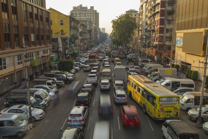 Yangon, Myanmar - December 19, 2019: Rush hour and traffic jams in Yangon city