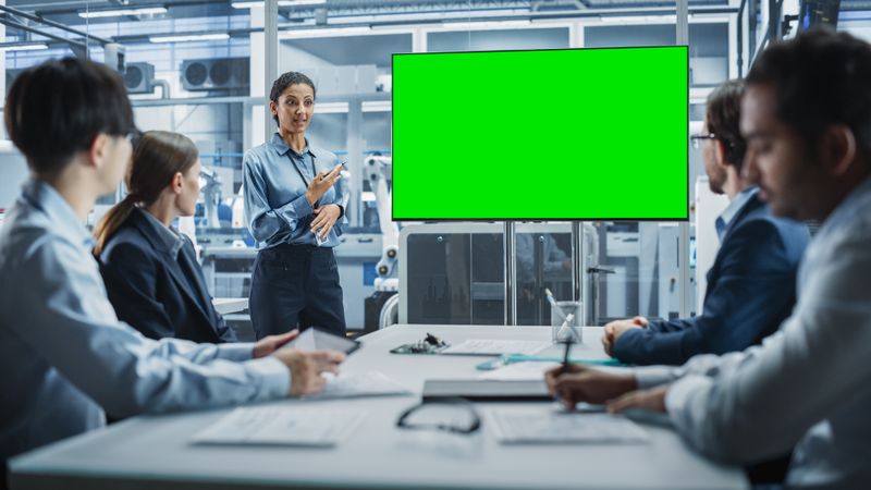 Group of designers in meeting room with green screen