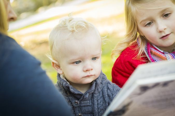 Mother Reading a Book to Her Two Adorable Blonde Children.