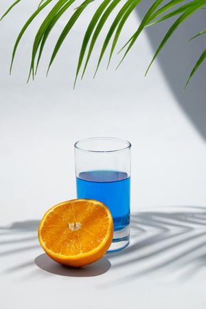 Cold blue drink glass with orange under green palm branch