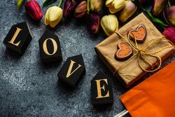 Tulips with blocks spelling "love"