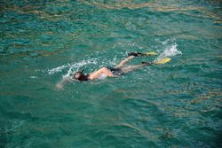 Boy wearing flippers and swimming in sea water
