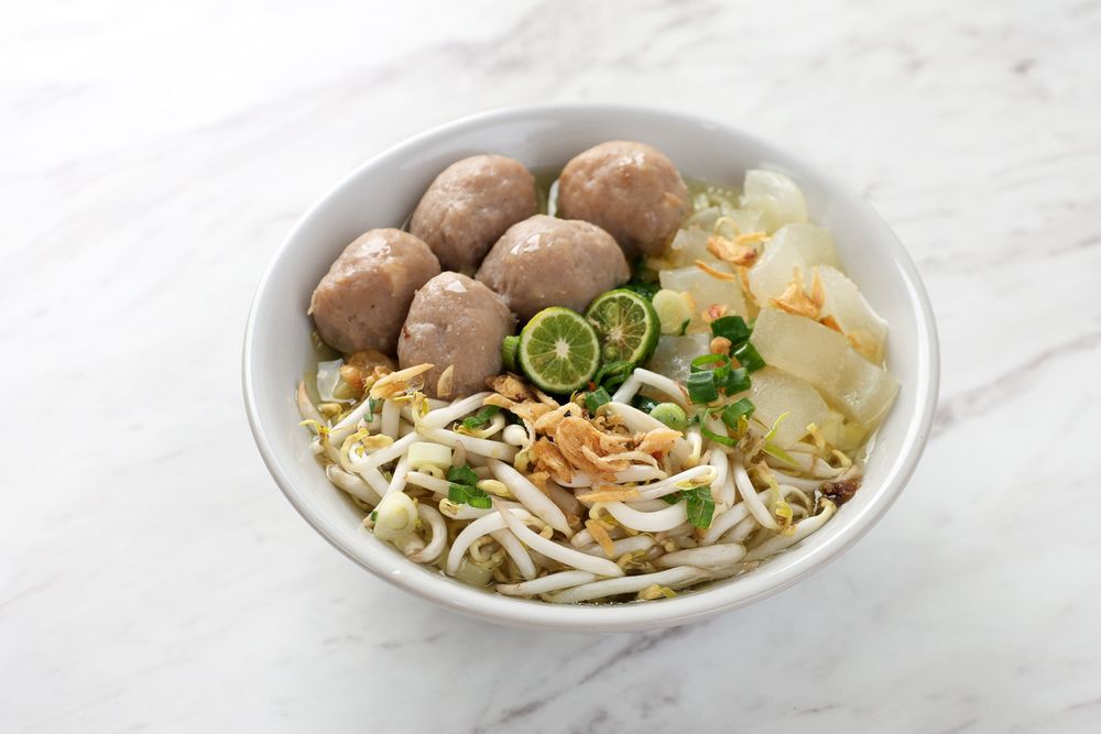 Mie Kocok Baso Bandung. Traditional Sundanese Dish of Beef Noodle Soup with Meatball and Bean Sprout