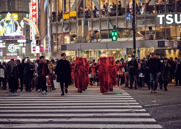 Japan - Tokyo, Shibuya Japan - November 29th, 2019: Red Rebel Brigade on Shibuya Crossing