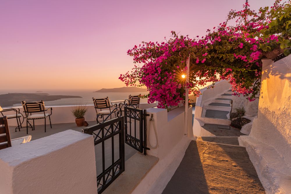 Entrance to rooftop patio looking out over Aegean Sea