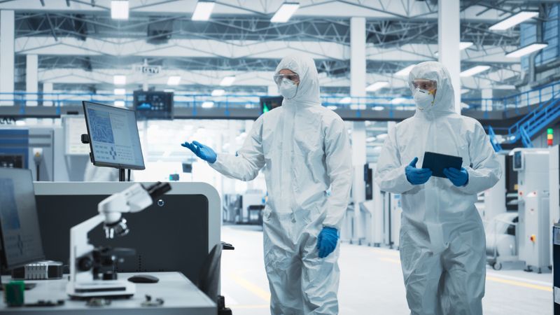 Side view of two people working in hazmat suits