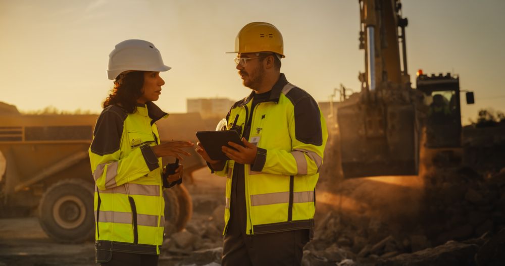 Cinematic Golden Hour Shot Of Construction Site: Male Civil Engineer And Hispanic Female Urban Planner Talking, Using Tablet. Trucks, Excavators, Loaders Working To Build New City District.