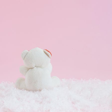 Back of plush bear sitting in snow in pink room