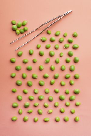 Set of peas placed orderly on salmon colored background
