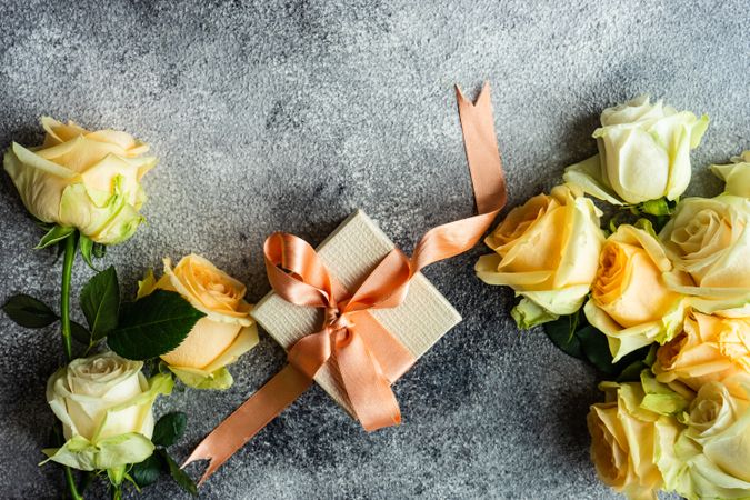 Top view of yellow flower on grey background with small present with space for text