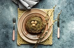 Top view of decorative eggs in delicate nest on ceramic pink plate on placemat with pussy willow