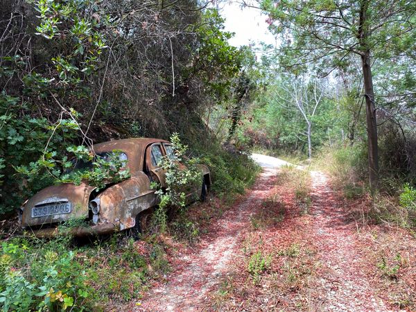Rusty automobile on offroad path