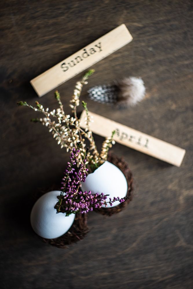 Heather in decorative eggs for Easter table