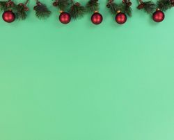 Christmas fir branches and red ornaments on green