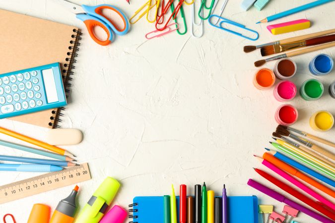 Flat lay composition with school supplies on background, space for text