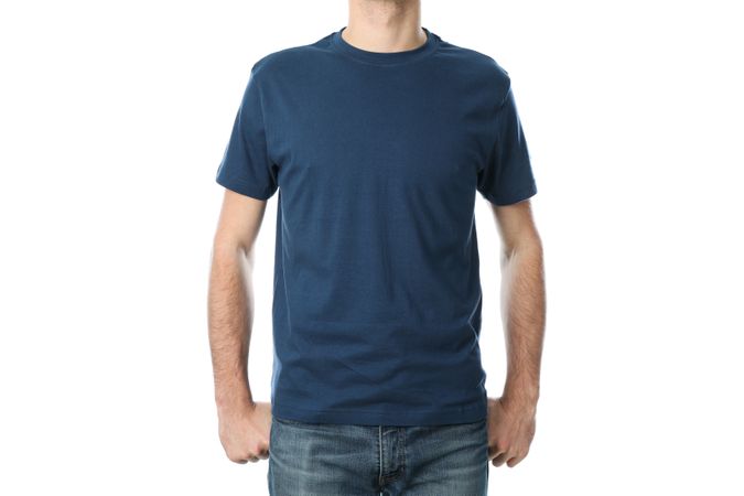 Men in blank blue t-shirt isolated on plain background, space for text