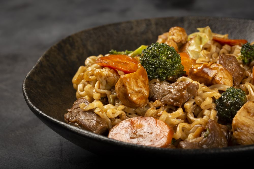 Yakisoba noodles. Yakisoba dish with meat, chicken and vegetables.
