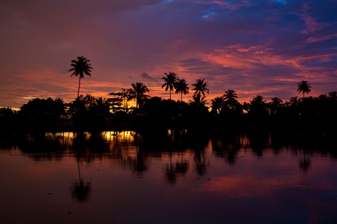 Sunset sky over palms and sea