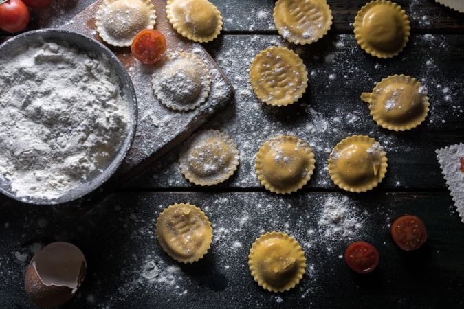 Homemade ravioli made with parmesan cheese, tomato and basil.