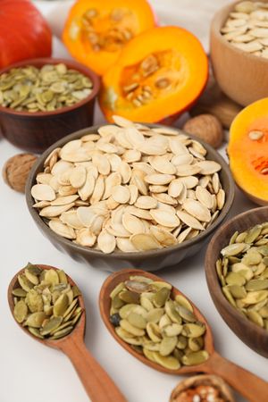 Concept of Autumn vibe food, Pumpkin, Pumpkin seeds
