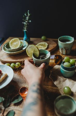 Arrangement of ceramic utensil on wood table