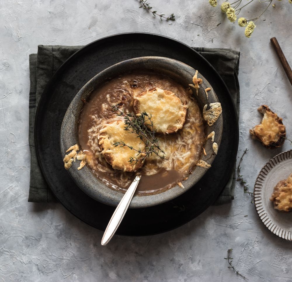 Bowl with French onion soup