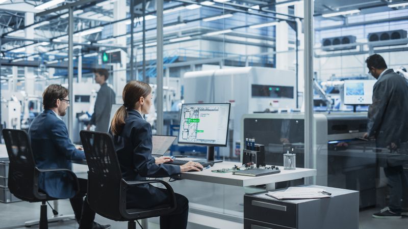 Colleagues working in tech office