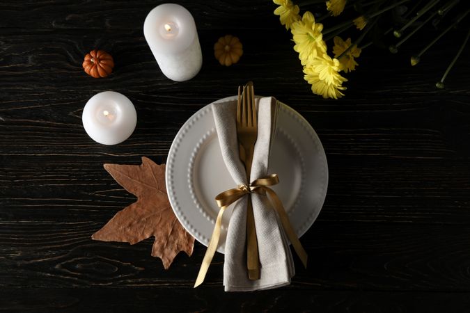 Concept of Thanksgiving day, Autumn table setting, top view