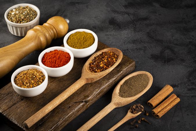 Variety of spices and seasonings on the table.