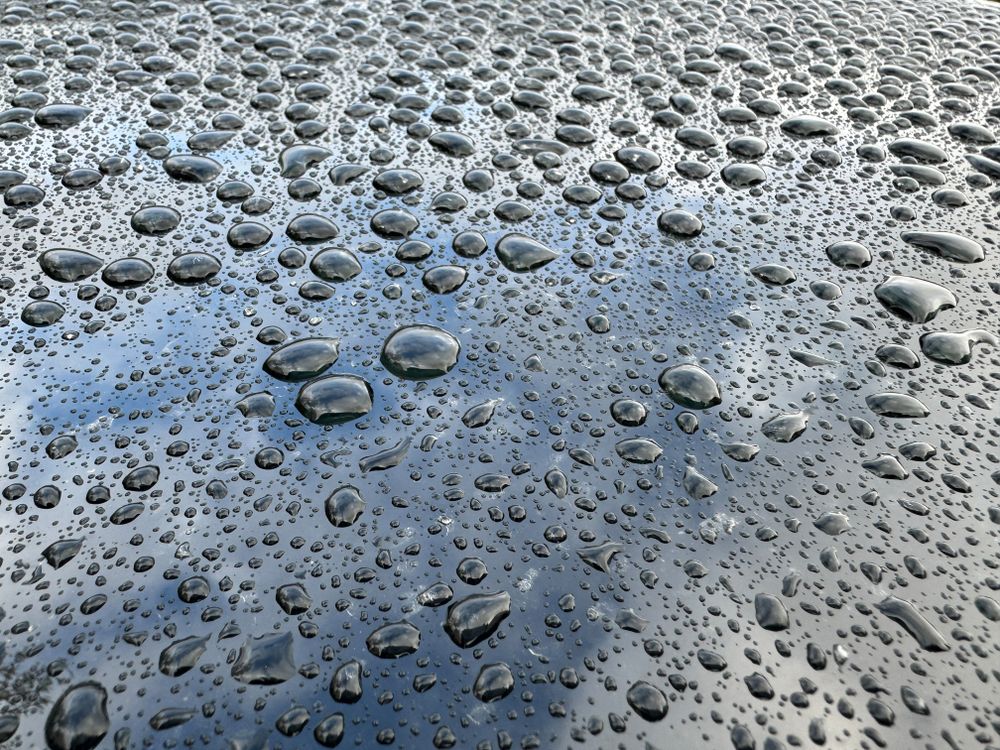 A wet surface with many small water droplets scattered across it