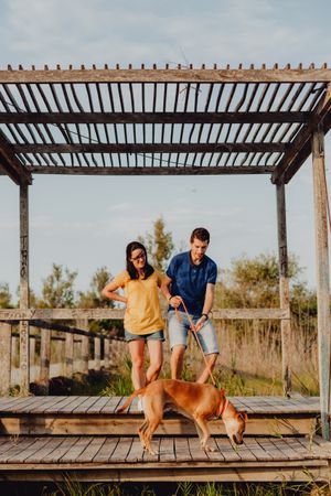 Casual adult couple walking with dog at countryside
