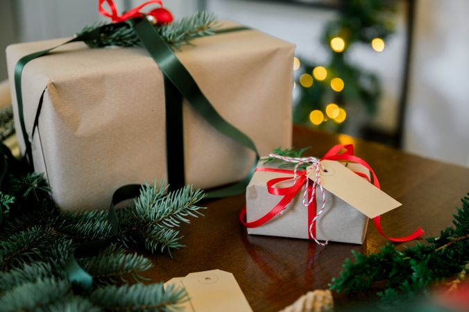 High angle view of Christmas present on table