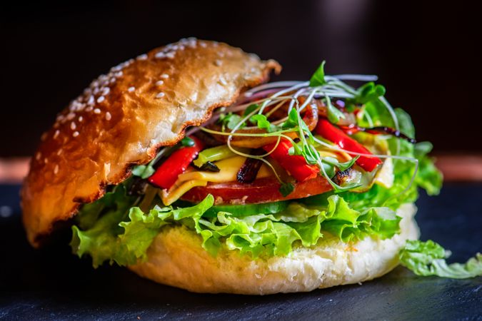 Side view of sprouts on American hamburger cheese and different vegetables