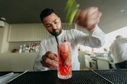 Cheerful Barman preparing alcoholic drinks in a bar.