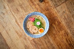 Top view of bowl with ramen
