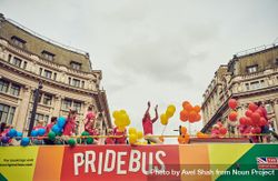 London, England, United Kingdom - July 7th, 2019: Revelers pictured atop the Pride Bus in London 4Az9zb