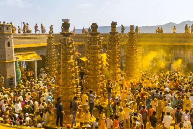 Jejuri, Maharashtra, India - Dec 30, 2024: Palkhi of Lord Khandoba at the famous and beautiful Khandoba temple at Jejuri during the festival of Somvati Amavasya