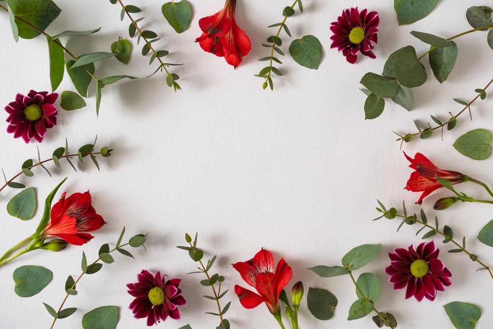 Green leaves and colorful flowers bordering bright background