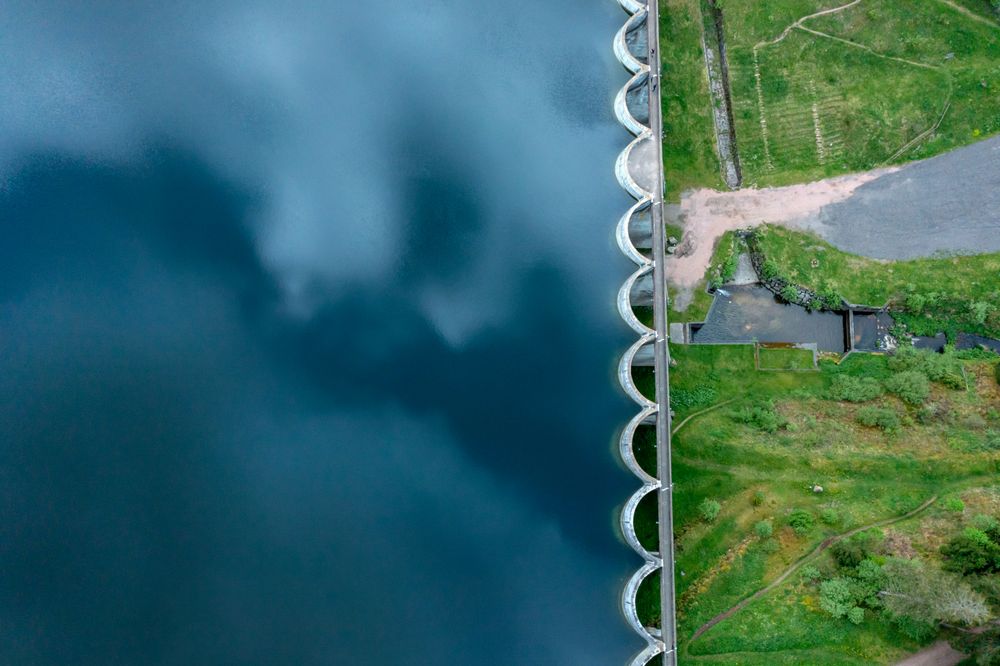 Above view with mountain water reservoir in Forest, Germany