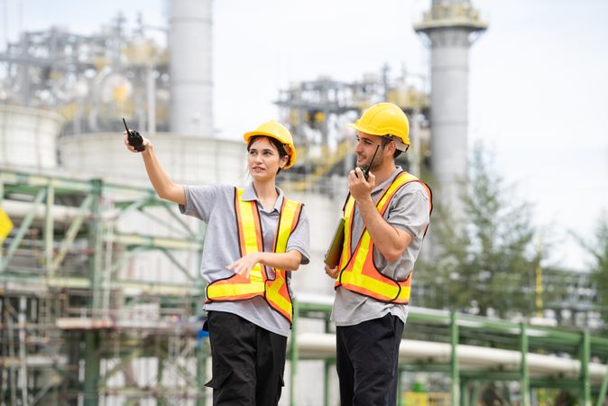 Engineer worker checking project at petrochemical factory or refinery oil plant industrial.