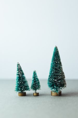 Small artificial Christmas trees on wooden stand