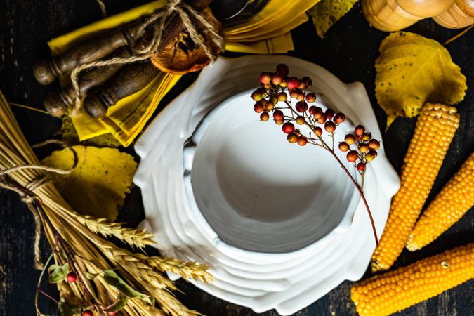 Top view of porcelain birds nest bowl with yellow autumnal decor